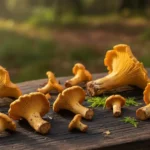 A close-up, high-angle view showcases the vibrant orange and delicate frills of chanterelle mushrooms canada, arranged artfully on a rustic wooden surface.