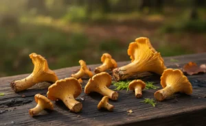 A close-up, high-angle view showcases the vibrant orange and delicate frills of chanterelle mushrooms canada, arranged artfully on a rustic wooden surface.