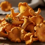A rustic wooden table displaying a generous pile of fresh chanterelle mushrooms costco, ready for culinary use.