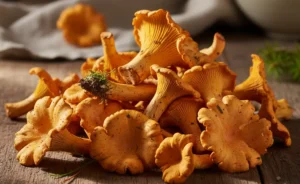 A rustic wooden table displaying a generous pile of fresh chanterelle mushrooms costco, ready for culinary use.