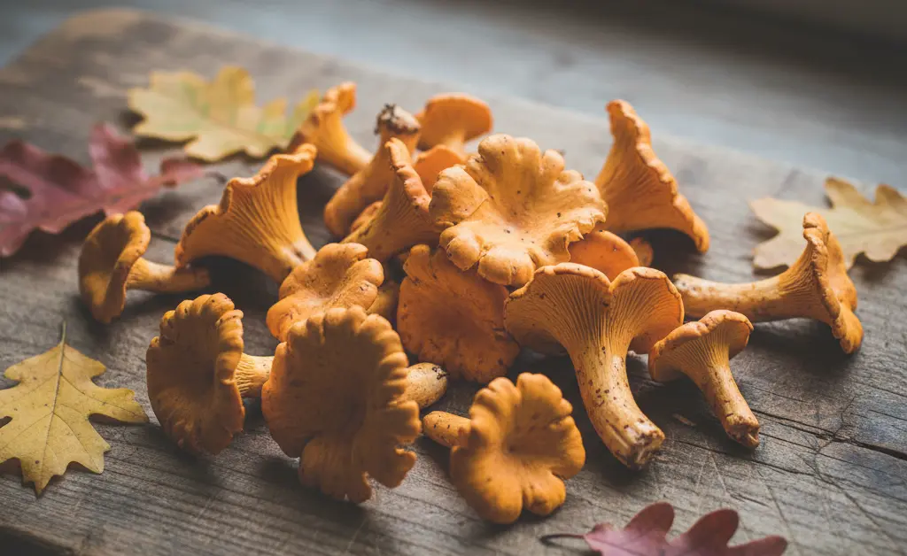 A beautifully arranged spread of fresh chanterelle mushrooms malaysia on a rustic wooden board, ready for culinary preparation.