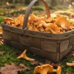 A close-up, high-angle view of freshly foraged chanterelle mushrooms uk in a rustic wooden basket, surrounded by damp moss and fallen leaves.