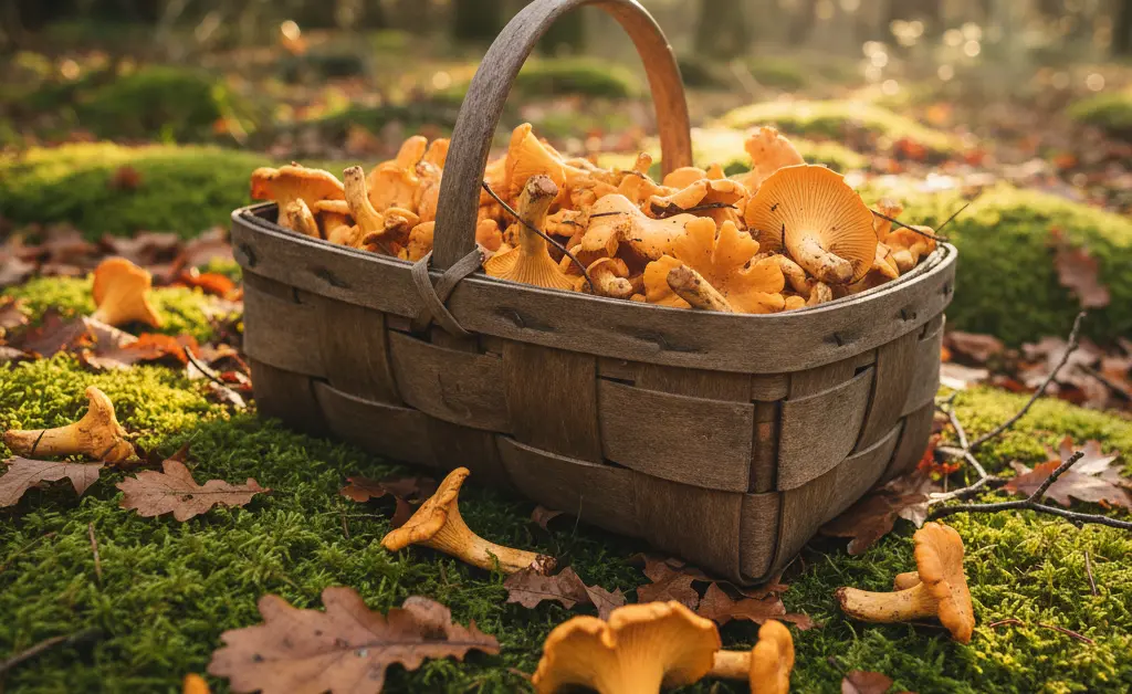 A close-up, high-angle view of freshly foraged chanterelle mushrooms uk in a rustic wooden basket, surrounded by damp moss and fallen leaves.