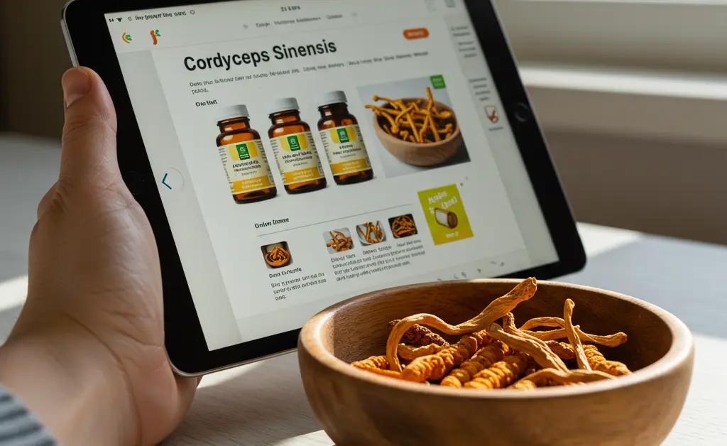 A person browsing various cordyceps mushroom amazon products on a tablet, with dried cordyceps mushrooms in a bowl nearby, representing online shopping for natural supplements.