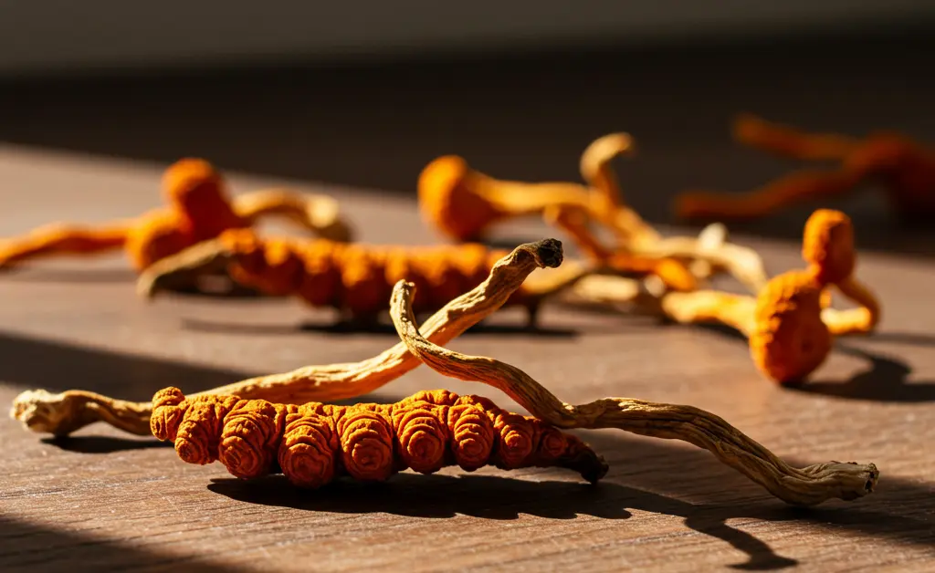 A beautiful display of high-quality dried cordyceps mushroom canada arranged on a rustic wooden surface for a wellness guide.