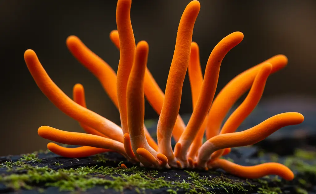 A close-up photograph displays a fresh cordyceps mushroom uk, highlighting its vibrant orange color and unique finger-like structure on a natural, mossy surface.