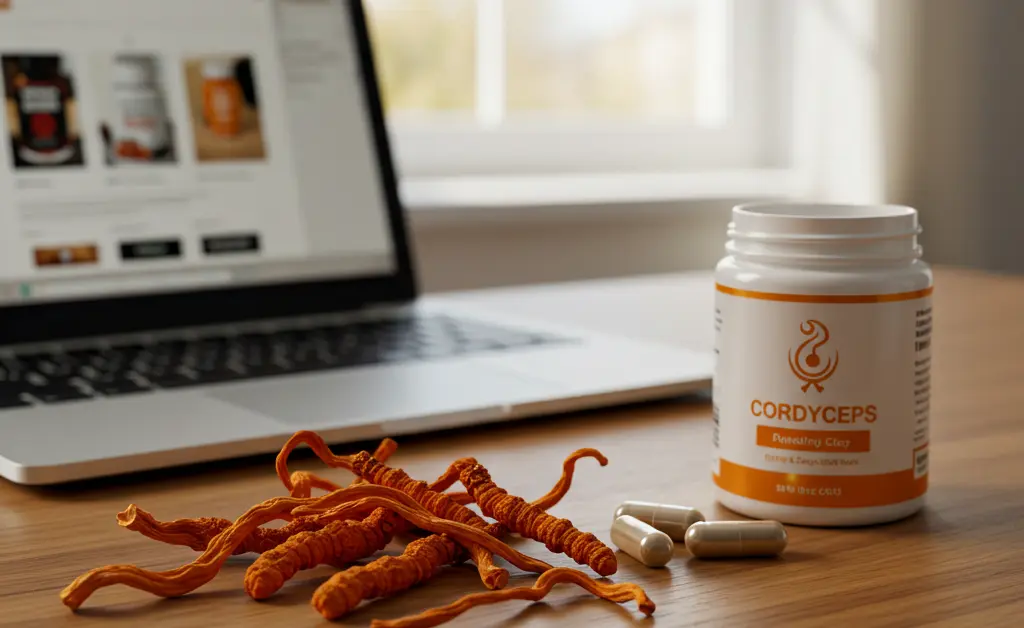 A flat lay arrangement of dried cordyceps mushrooms, supplement capsules, and a laptop displaying online retail websites visually answers the question of cordyceps mushroom where to buy.