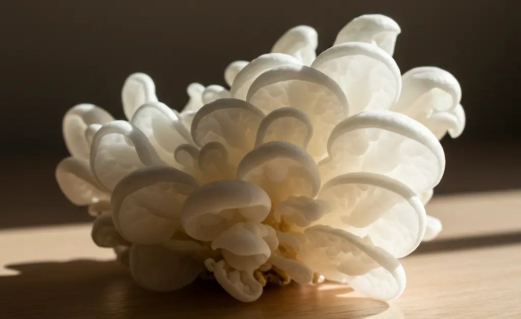 A fresh, pristine cluster of dirtea tremella mushroom is delicately displayed on a natural wooden surface, suggesting its purity and potential for well-being.