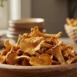 A rustic wooden bowl filled with dried chanterelle mushrooms, showcasing their beautiful golden-orange hues.
