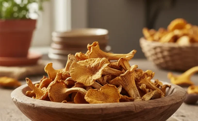A rustic wooden bowl filled with dried chanterelle mushrooms, showcasing their beautiful golden-orange hues.