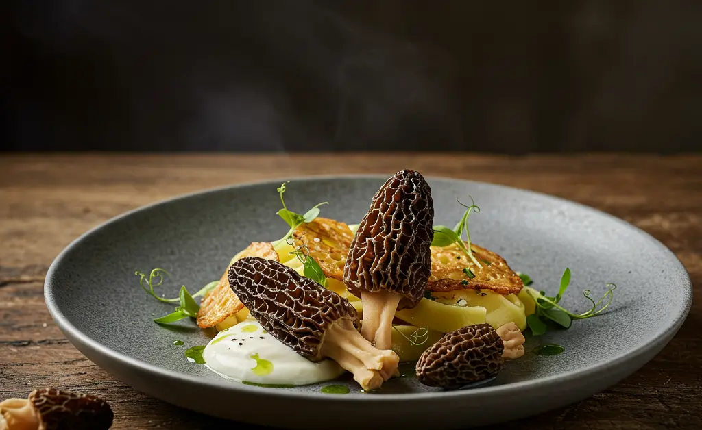 A beautifully plated dish showcasing the rich flavors of dried morel mushroom recipes, with a focus on the earthy fungi and complementary ingredients.