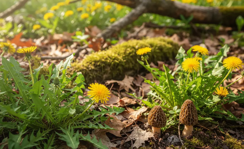 A knowledgeable forager demonstrating how to find morel mushrooms by looking for dandelions soil temp 50° in a sun-dappled forest floor.