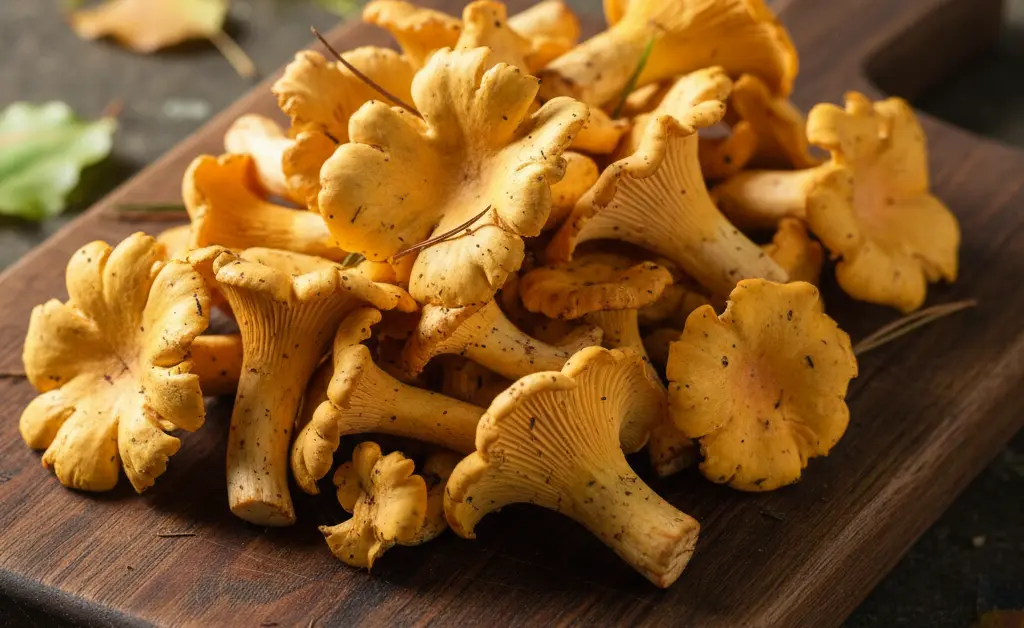 A vibrant cluster of fresh chanterelle mushrooms rests on a rustic wooden surface, hinting at their culinary potential.