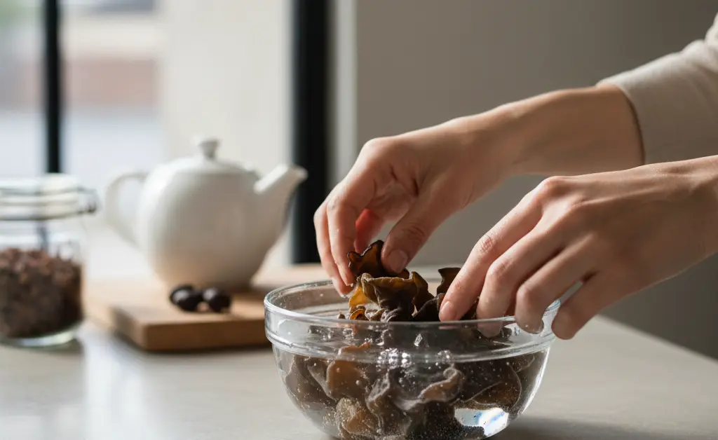 A chef's hands carefully preparing dried wood ear mushrooms, illustrating the process of how to cook wood ear mushroom for a healthy meal.
