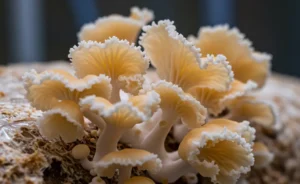 A close-up shot details the intricate process of how to grow tremella mushroom on a specially prepared log substrate in a humid cultivation chamber.