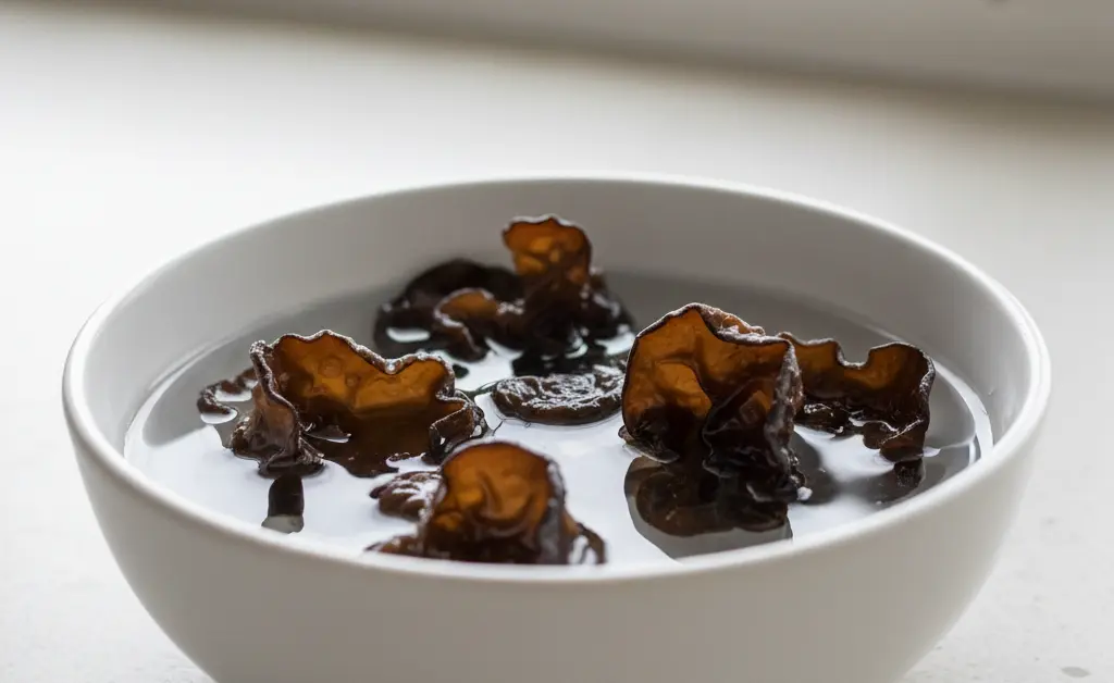 A close-up, top-down view of dried wood ear mushrooms being rehydrated in a bowl of clear water, illustrating how to rehydrate wood ear mushrooms.