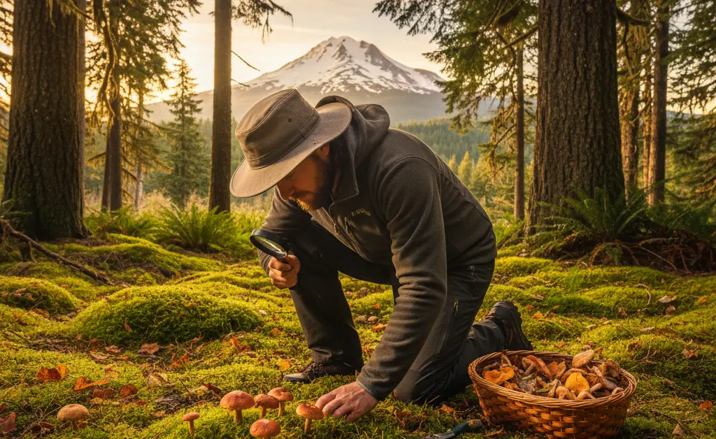 A seasoned forager is successfully Hunting for morel mushrooms at Mount Hood amidst a lush, temperate forest.