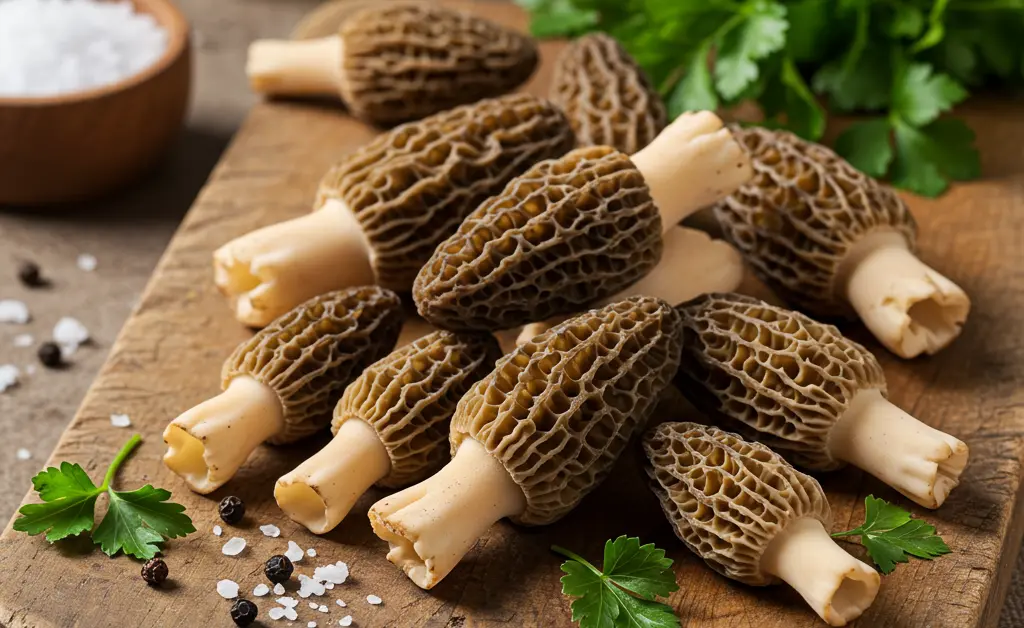 A visually appealing arrangement showcasing the delightful morel mushroom calories and nutrition, alongside fresh herbs and natural ingredients, bathed in soft, natural light.