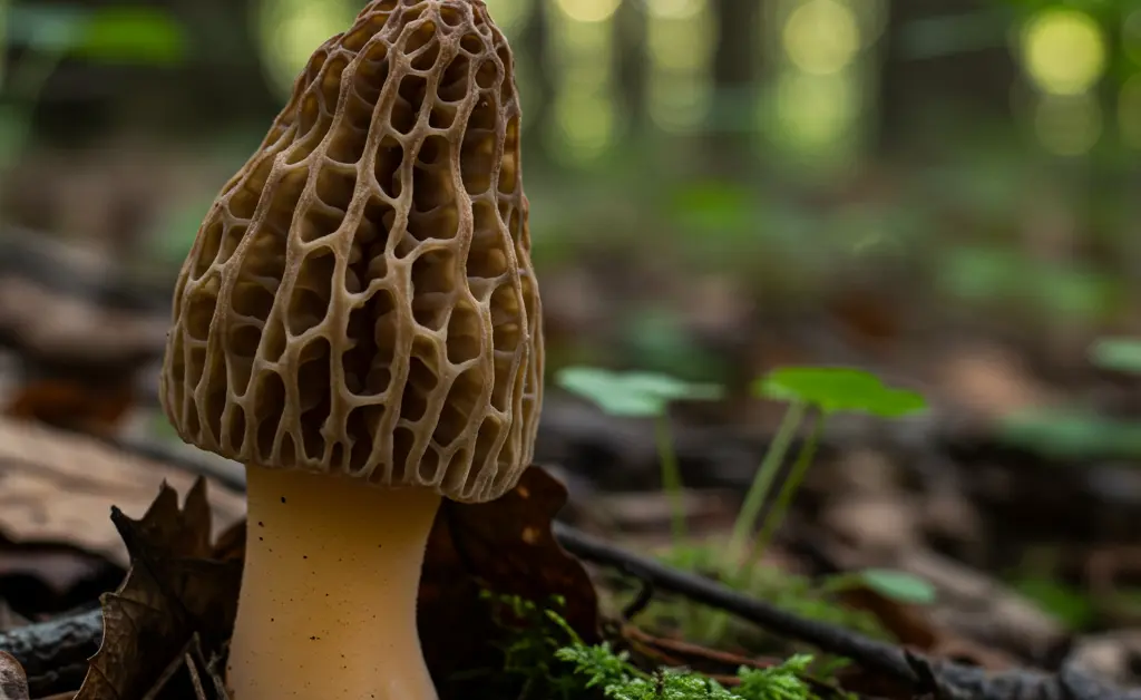 A close-up, photorealistic image showcasing detailed Morel Mushroom Identification Tips with a true morel mushroom prominently displayed.