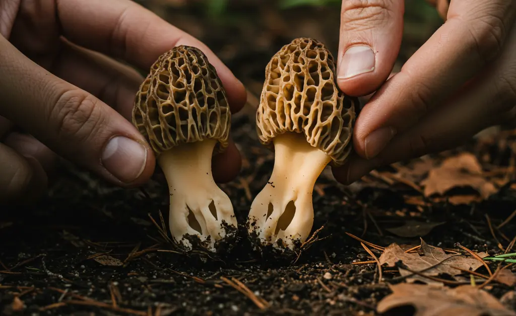 Expertly identifying Foraging for Morel Mushrooms Morchella spp. among other forest floor fungi requires careful observation of distinct features for safety.
