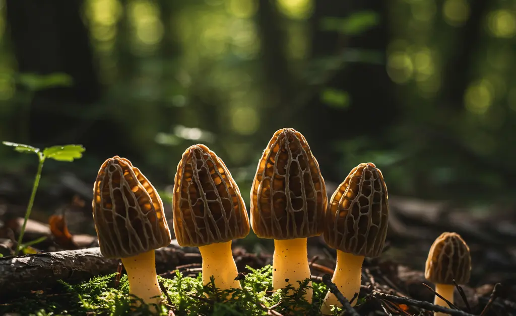 A close-up, photorealistic view of freshly foraged Morel Mushrooms nestled amongst damp forest floor debris.