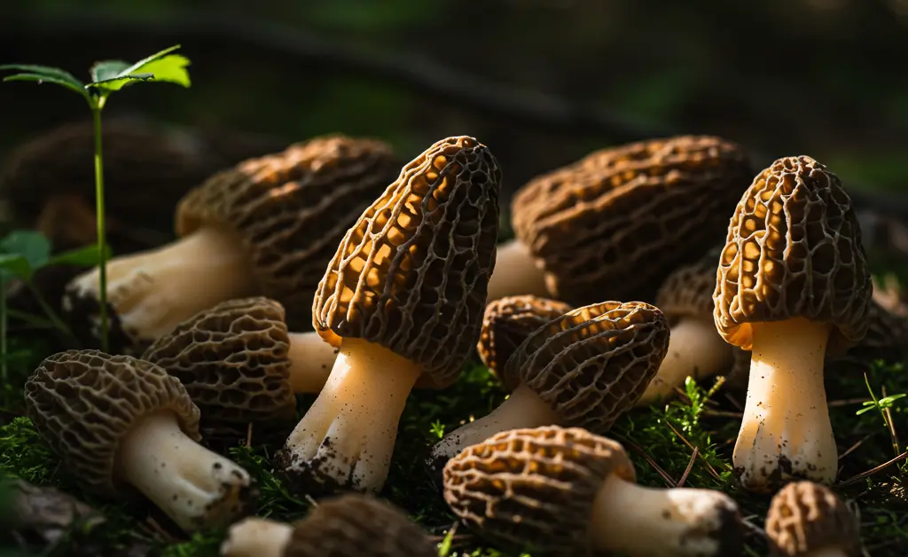 A person carefully examines a cluster of Morel Mushrooms: Identification skills are crucial for distinguishing them from toxic look-alikes.