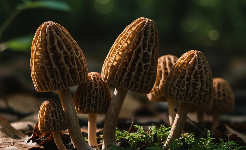 A close-up, photorealistic image showcasing several distinct Morchella mushrooms on a forest floor, highlighting their unique textured caps and earthy tones.