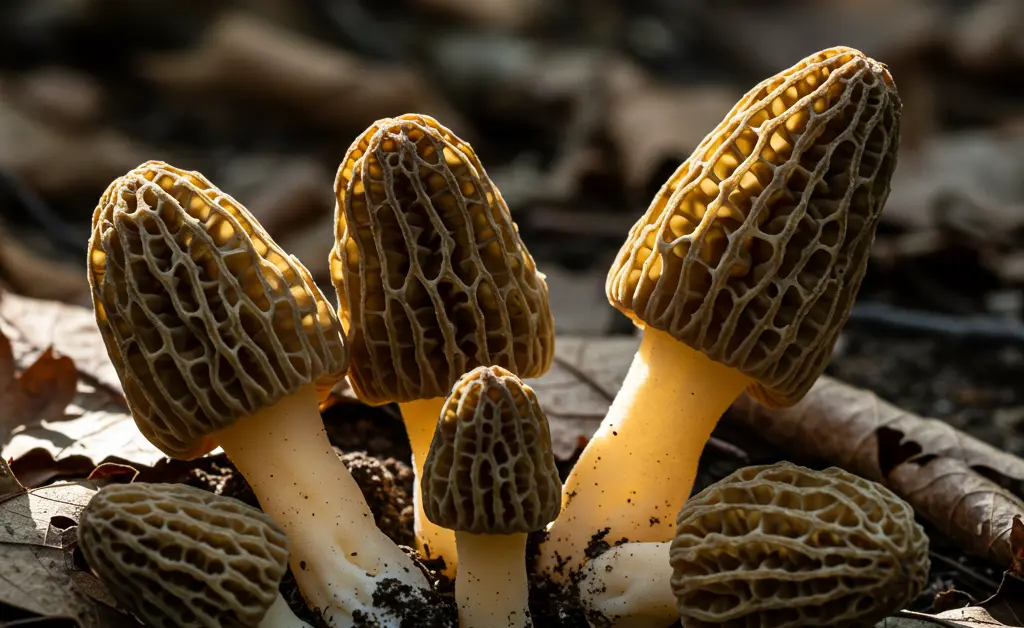 A close-up, detailed photograph showcases a cluster of authentic true morels, highlighting their unique honeycomb caps and earthy tones, ready for culinary exploration.