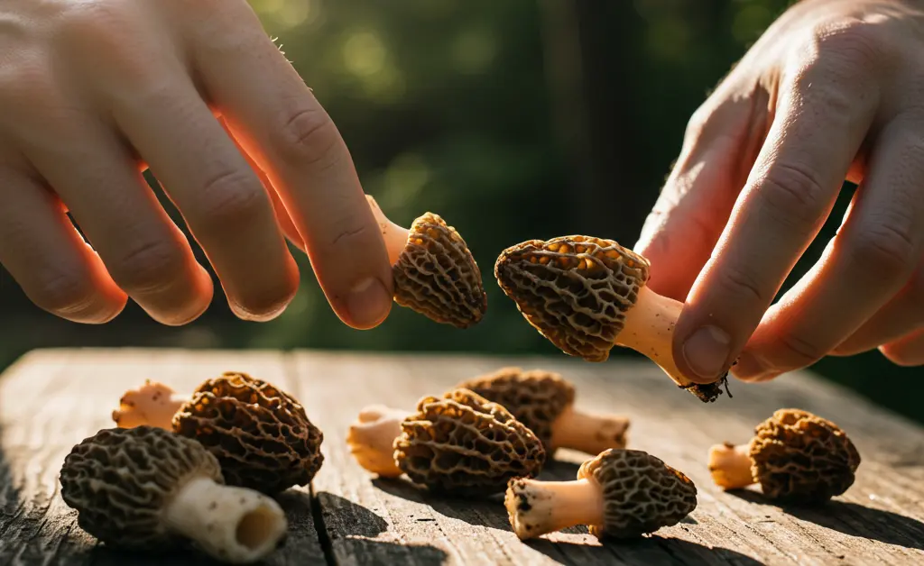 A detailed illustration showcasing the safe handling and identification of Morel Mushroom Safety.