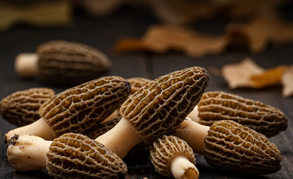 A close-up, editorial photograph showcasing a cluster of fresh Morels Mushrooms, emphasizing the delicate texture and earthy tones, with a subtle hint of natural forest floor in the background, illustrating the topic of Morels Mushrooms: Understanding the Fatal Risks.