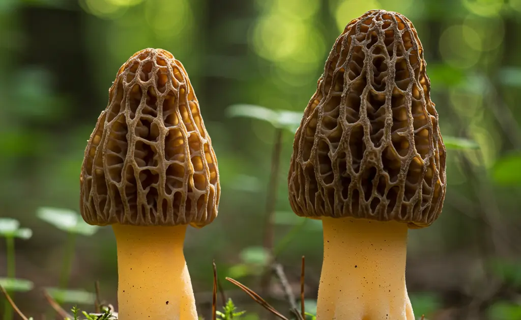 A visually striking comparison demonstrating the key differences in a morel mushroom vs poisonous lookalike for safe foraging.