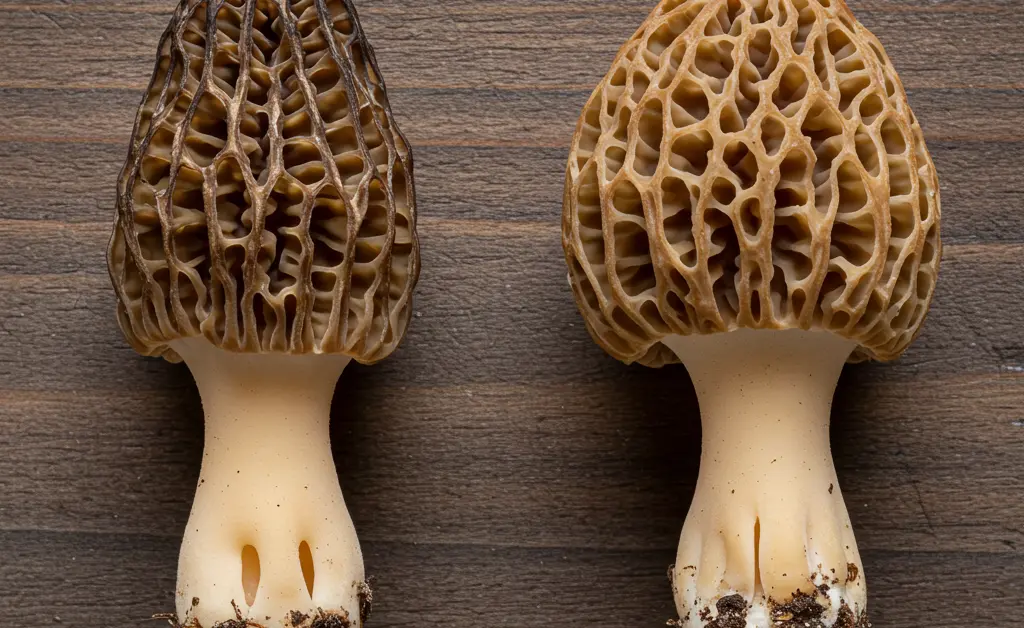 A close-up shot shows a visually distinct true morel mushroom alongside a false morel, highlighting the key differences in their appearance for the identification of morel mushroom vs poisonous look-alikes.