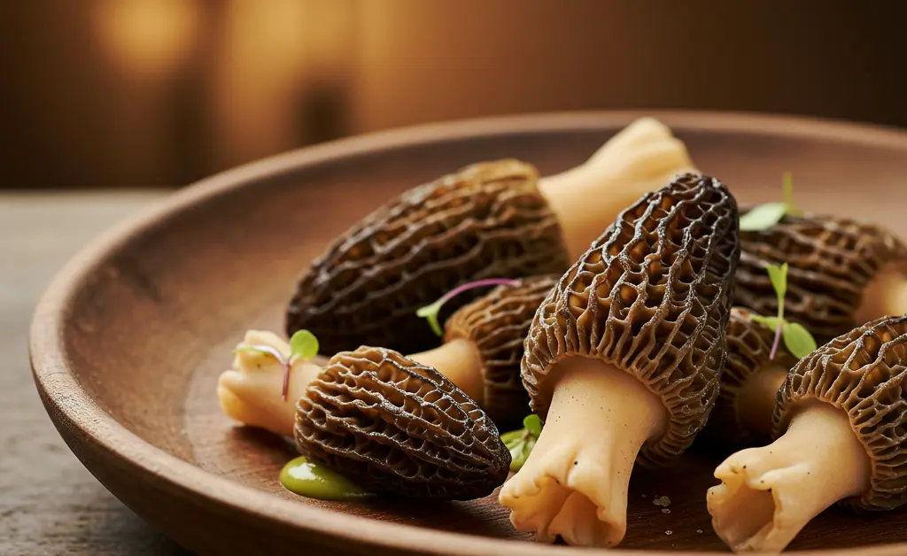 A beautifully plated dish showcasing the unique texture and earthy tones of morel mushrooms, highlighting their value as a source of morel mushroom vitamins.