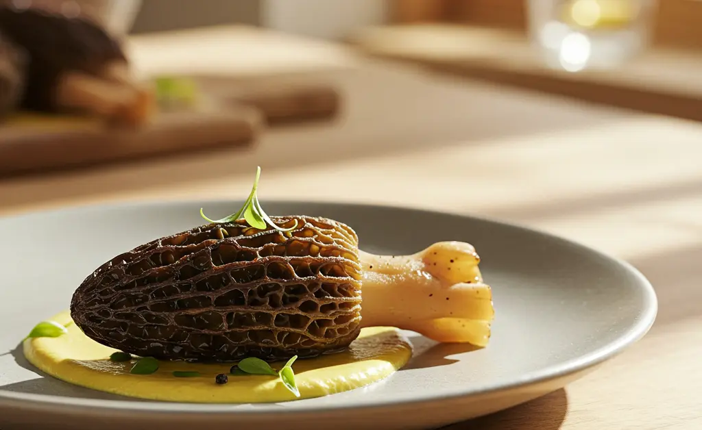 A beautifully plated dish featuring a cooked morel mushroom for pregnancy diet, presented in a clean, well-lit kitchen setting.