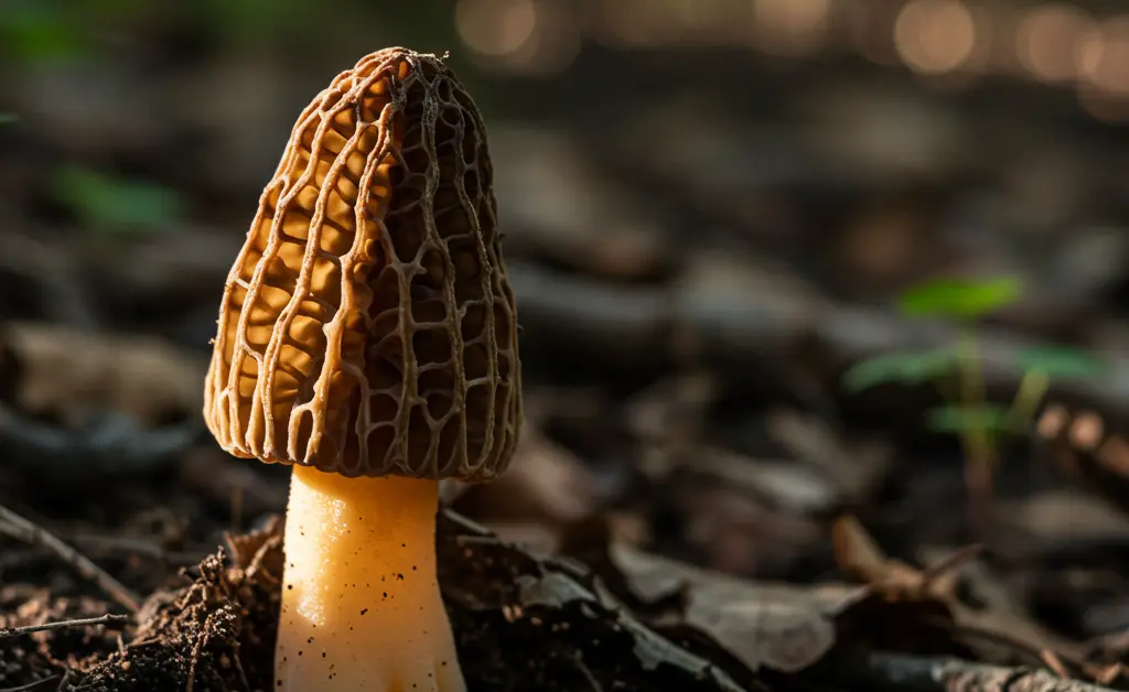 A clear close-up photograph showcasing detailed Morel Mushroom Identification, highlighting the unique texture of a true morel cap.