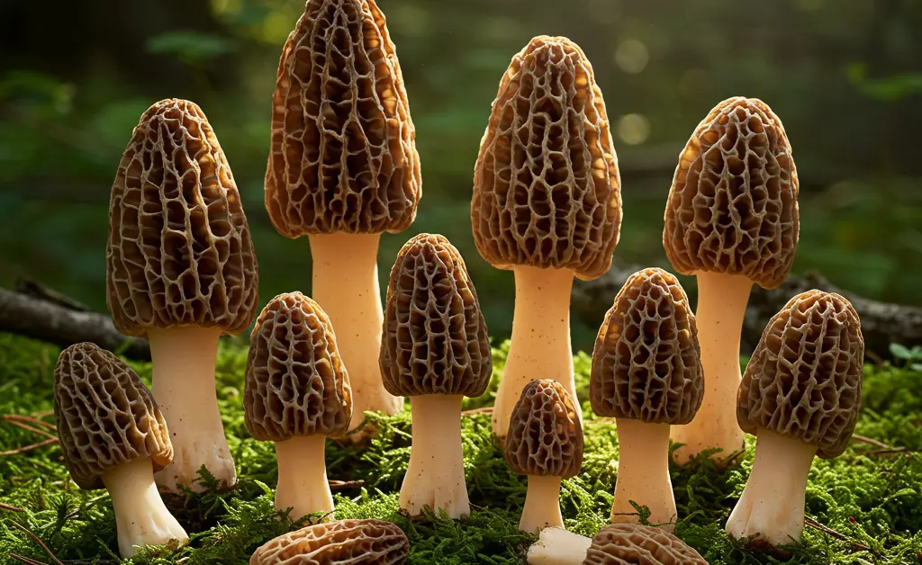 A close-up, high-angle view showcases the diverse morel mushroom colors, highlighting their unique textures and earthy hues found in a forest setting.