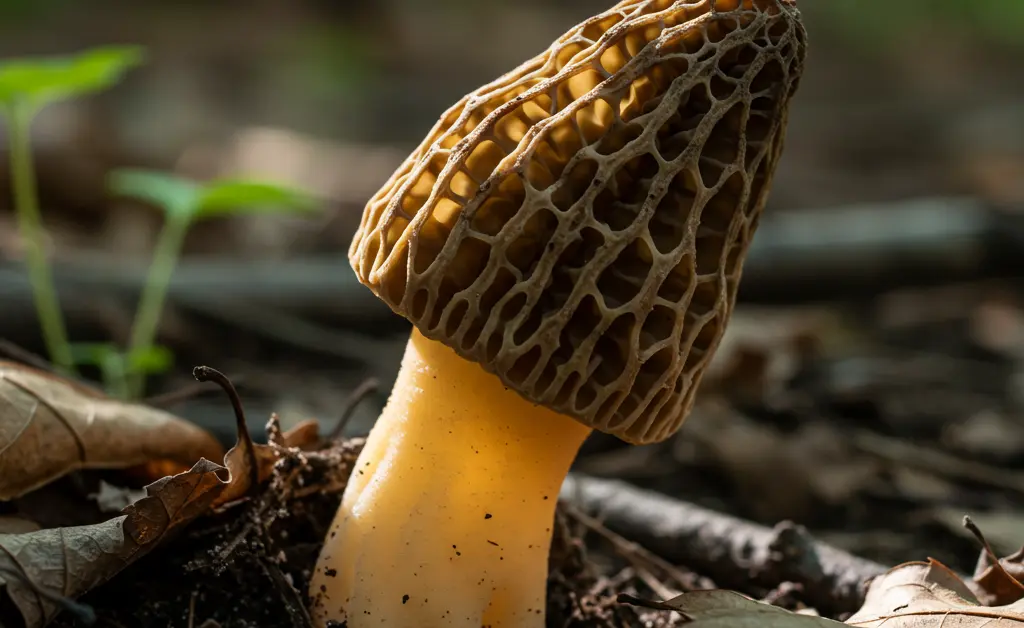 A close-up photograph showcases the distinctive honeycomb texture of a true morel mushroom edible species, bathed in soft, natural sunlight.
