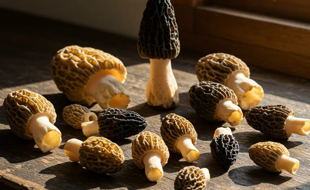 A collection of distinct morel mushroom varieties are artfully arranged on a rustic wooden surface, showcasing their unique shapes and colors.