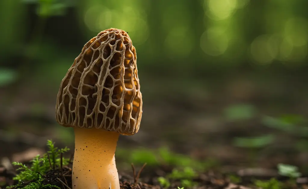 A close-up, photorealistic image of a Morel Mushrooms- 2026 specimen being carefully held by a gloved hand, surrounded by fallen leaves in a dappled forest setting.