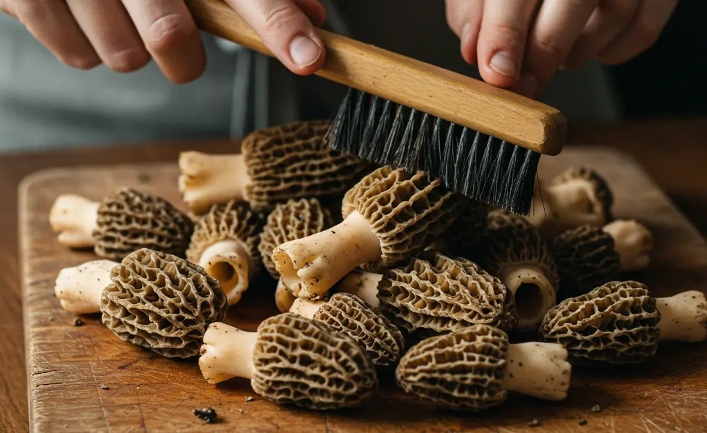 An overhead shot illustrating The Correct Way to Clean Morel Mushrooms, showing hands carefully brushing dirt off delicate morels on a wooden surface.