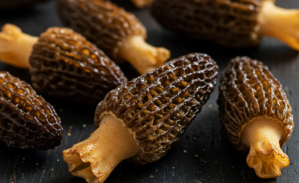A perfectly cooked morel mushroom air fryer recipe displayed on a rustic wooden board.