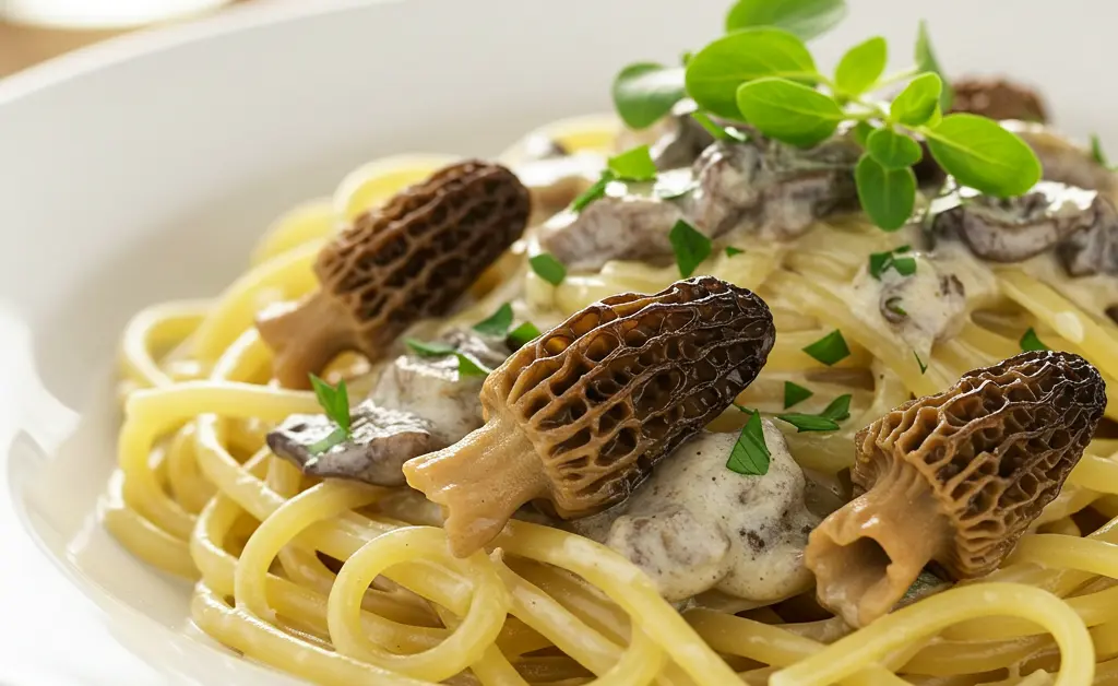A beautifully plated dish showcasing a rich morel mushroom alfredo with fresh herbs.