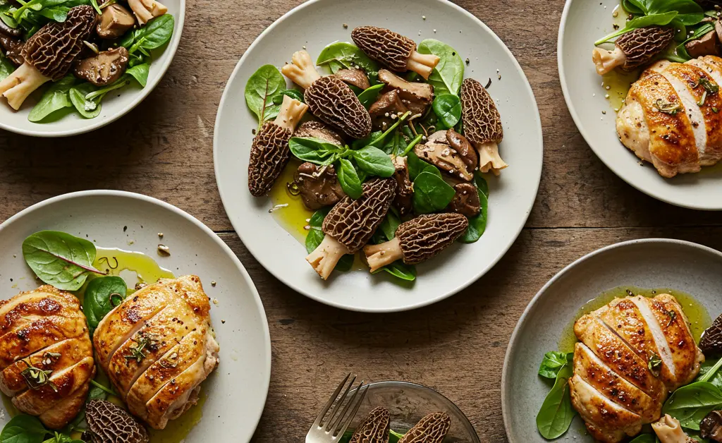 A visually appealing arrangement of delicious morel mushroom and chicken recipes presented on a rustic wooden table.