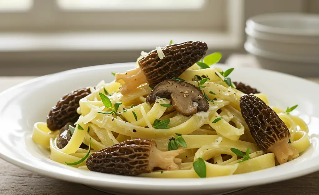 A gourmet plate of homemade pasta adorned with fresh morel mushrooms, showcasing delicious morel mushroom and pasta recipes.