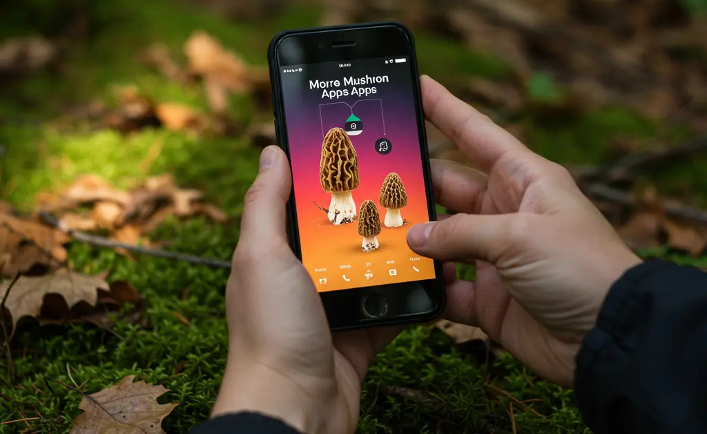 A close-up, visually descriptive shot showing a person using their smartphone displaying one of the popular Morel Mushroom Apps while standing in a lush, sun-dappled forest.
