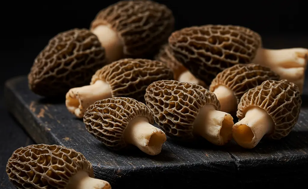 A beautifully arranged selection of fresh morel mushroom australia mushrooms on a rustic wooden surface, showcasing their unique honeycomb texture.
