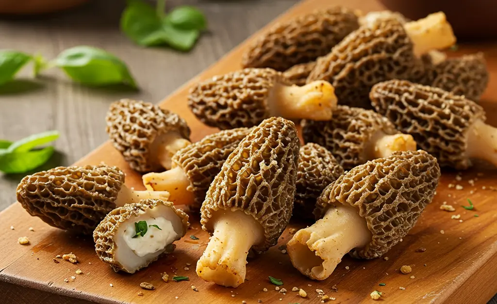 A close-up shot showcases a beautifully prepared morel mushroom batter recipe, with golden-brown fried morels piled on a rustic wooden board, ready to be enjoyed.