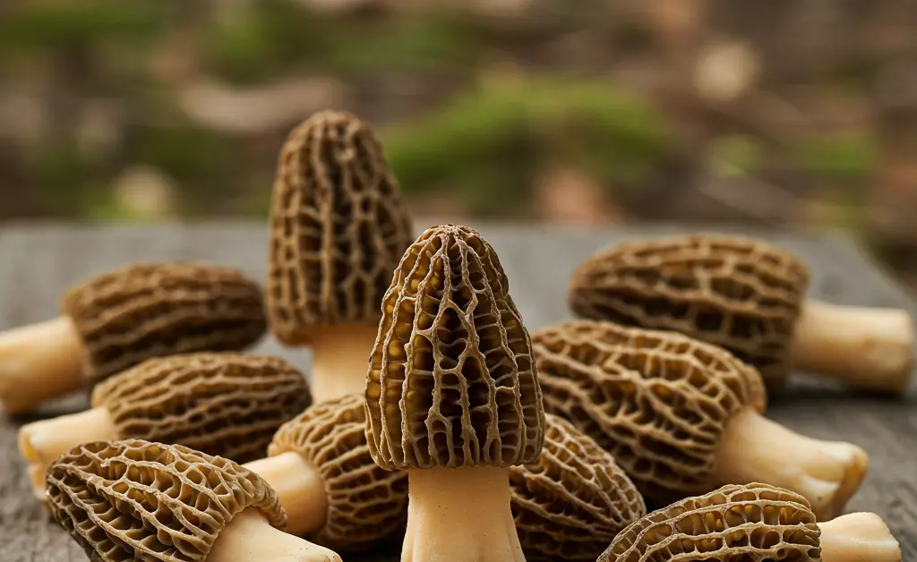 A detailed close-up shot showcasing the unique texture and earthy tones of Morel Mushroom Benefits, suggesting natural growth in a forest setting.