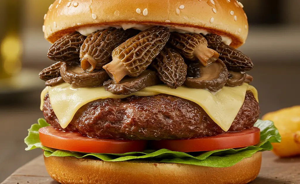 A delectable morel mushroom burger is presented on a rustic wooden board, highlighting its gourmet appeal.
