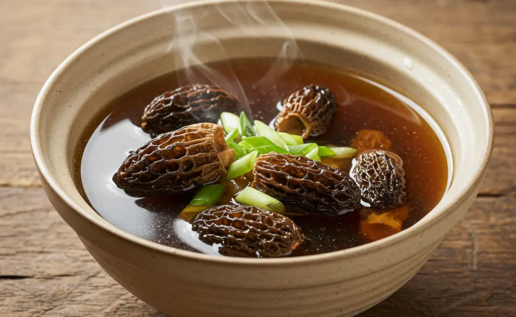 A steaming bowl of authentic morel mushroom chinese soup, rich with earthy mushrooms and savory broth.